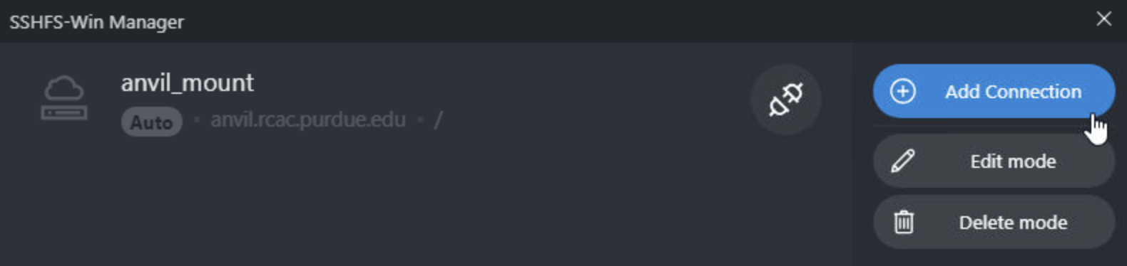 The SSHFS-Win application is open. Displaying any existing connections and a list of options along the right side of the window. The first option in the menu is highlighted titled add connection.